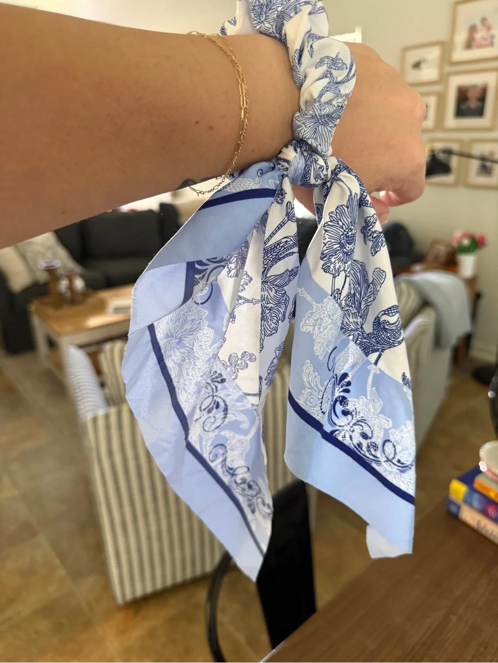 Silky Blue Floral Scarf Scrunchie
